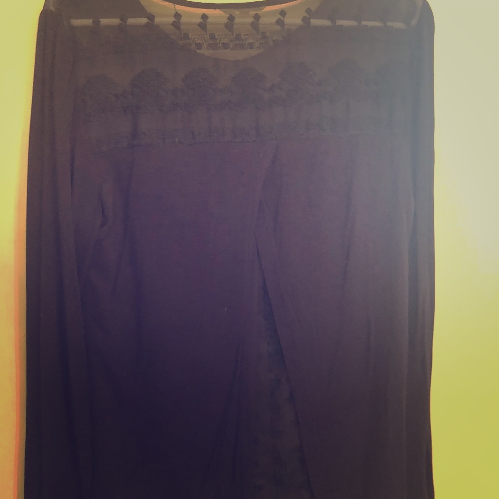 Navy Blue Lacy Geometric Sheer Long Sleeve Top